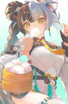 Rule 34 | 1girl, absurdres, ahoge, bamboo steamer, bare shoulders, black hair, braid, braided twintails, breasts, cable, china dress, chinese clothes, detached sleeves, dialyn (zenless zone zero), dress, dumpling, earrings, food, food in mouth, gradient background, green background, hair extensions, hair ornament, hairclip, hand up, highres, jewelry, leg up, long hair, medium breasts, multicolored hair, necktie, panda hair ornament, rena2702, ring hair extensions, solo, sparkling eyes, split-color hair, sweatdrop, thighhighs, twitter username, white background, white dress, white hair, white thighhighs, yellow eyes, yellow necktie, zenless zone zero