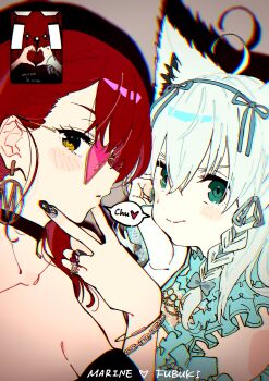 2girls absurdres ahoge animal_ear_fluff animal_ears aqua_eyes bare_shoulders black_nails blue_nails blue_shirt blush braid breasts character_name choker cleavage closed_mouth earrings fingerless_gloves fingernails fox_ears fox_girl frilled_shirt frills from_side gloves hair_behind_ear hair_ribbon hairband hasu heart heart-shaped_eyewear heart_hands heart_hands_duo highres hololive houshou_marine jewelry large_breasts long_fingernails long_hair looking_at_viewer multiple_girls nail_art nail_polish open_mouth parted_lips red_hair ribbon shadow shared_speech_bubble shirakami_fubuki shirt side_braid single_braid smile speech_bubble video_call virtual_youtuber white_gloves white_hair yellow_eyes