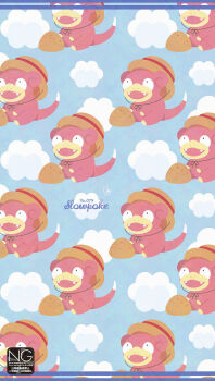 cloud fangs gen_1_pokemon hat highres meme_(sleepsheep) nintendo no_humans open_mouth pokemon pokemon_(creature) pokemon_focus sitting slowpoke smile tail