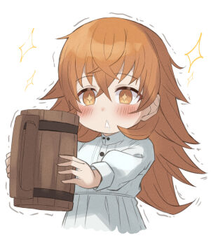 1girl beer_mug brown_eyes brown_hair child cropped_torso cup dress drunk dwarf flat_chest hair_between_eyes highres holding holding_cup juliette_(mushoku_tensei) long_hair looking_at_object motion_lines mug mushoku_tensei nakami_chihiro saliva saliva_trail simple_background solo sparkle sparkling_eyes trembling triangle_mouth white_background white_dress wooden_cup