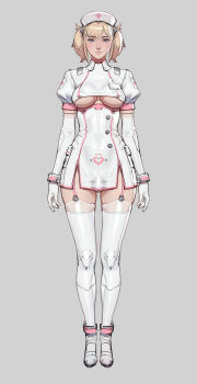 1girl arms_at_sides blonde_hair blue_eyes breasts bulge closed_mouth clothing_cutout collared_dress commentary covered_erect_nipples cross dress elbow_gloves english_commentary full_body futanari garter_straps gloves grey_background hat heart highres looking_at_viewer medium_breasts microdress nurse nurse_cap original parted_bangs puffy_short_sleeves puffy_sleeves shoes short_hair short_sleeves simple_background solo standing straight-on tachi-e tarakanovich thighhighs two_side_up underboob_cutout white_dress white_gloves white_hat white_shoes white_thighhighs