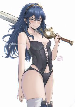 Rule 34 | 1girl, absurdres, armpits, bare arms, bare shoulders, black panties, blue eyes, blue hair, boots, breasts, chascoby, closed mouth, collarbone, cowboy shot, falchion (fire emblem), fire emblem, fire emblem awakening, gold hairband, hairband, highres, holding, holding sword, holding weapon, lingerie, looking at viewer, lucina (fire emblem), nintendo, panties, simple background, small breasts, smile, solo, sword, thick thighs, thigh boots, thighhighs, thighs, tiara, underwear, v-shaped eyebrows, weapon, white background