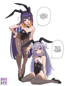 2girls :d absurdres alternate_costume animal_ears ass bare_shoulders black_bow black_bowtie blue_eyes bow bowtie breasts chest_jewel cleavage commentary english_commentary fake_animal_ears fishnet_pantyhose fishnets flat_chest grin hakimen highres hololive hololive_english koseki_bijou long_hair looking_at_viewer multicolored_hair multiple_girls ninomae_ina&#039;nis open_mouth orange_hair pantyhose playboy_bunny pointy_ears purple_eyes purple_hair rabbit_ears simple_background sitting smile speech_bubble teasing tentacle_hair very_long_hair virtual_youtuber wariza wide_hips