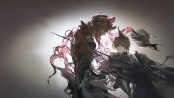 2boys animal_ears arknights artist_request black_jacket blue_necktie brown_hair cat_boy cat_ears closed_mouth floating_hair game_asset hair_over_one_eye hat highres holding holding_staff impaled jacket leopard_boy leopard_ears long_hair looking_at_another multiple_boys necktie official_art outstretched_arms parted_lips phantom_(arknights) phantom_(elite_ii)_(arknights) pink_hair portrait profile shirt short_hair smile spread_arms staff third-party_source tragodia_(npc)_(arknights) two-handed unworn_hat unworn_headwear white_shirt wide_sleeves