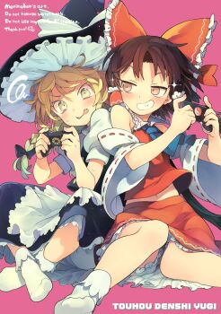2girls bare_shoulders black_hat black_shirt black_skirt blonde_hair bloomers brown_eyes brown_hair commentary controller detached_sleeves fang game_controller hakurei_reimu hat highres holding holding_controller holding_game_controller kirisame_marisa medium_hair morino_hon multiple_girls navel nontraditional_miko pink_background red_shirt red_skirt shirt short_hair simple_background sitting skirt smile smug socks symbol-only_commentary touhou underwear watermark white_bloomers white_sleeves white_socks witch witch_hat yellow_eyes