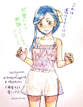 1girl blue_hair braid camisole commentary_request cowboy_shot crown_braid ferdinand_(honzuki_no_gekokujou) hair_ribbon hitsuki_(hiidukii) honzuki_no_gekokujou miniskirt myne_(honzuki_no_gekokujou) orange_eyes pink_camisole ribbon single_sidelock skirt solo traditional_media translation_request white_skirt