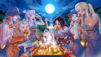6+girls apron becky_montanari black_hair blonde_hair blue_eyes blue_skirt bottle bracelet breasts bucket_hat camouflage_tank_top can cecilia_campbell cleavage closed_eyes cloud commentary_request cooking cup debora_rosado dog drink drinking drinking_glass eating elisa_anker food full_moon ge_xi gloves green_eyes grill grilling halterneck hamana_akane hat highres holding holding_food holding_sandwich holding_scissors huge_breasts jewelry large_breasts lien_ai-chiang low_twintails moon multiple_girls nearly_naked_apron night night_sky open_mouth orange_eyes orange_hair outdoors parted_bangs pink_hair pleated_skirt ponytail red-framed_eyewear red_scrunchie sandwich scissors scrunchie sideboob skewer skirt sky table thick_eyebrows tongs tree twintails witches_in_7th_base wooden_table