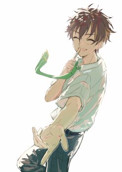 1boy absurdres bandaged_fingers bandages belt black_belt brown_hair chinese_commentary clenched_teeth closed_eyes collared_shirt commentary_request ensemble_stars! facing_viewer fua1heyvot4ifsr green_necktie highres index_finger_raised male_focus mixed-language_commentary morisawa_chiaki necktie offering_hand outstretched_arm pants partial_commentary school_uniform shirt short_hair simple_background smile solo teeth white_background white_shirt yumenosaki_school_uniform