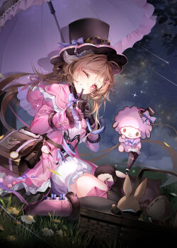 2girls absurdres animal_ears ankle_boots arknights baby_animal bag basket black_gloves black_hat black_thighhighs bloomers boots brown_hair character_doll chinese_commentary commentary_request doctor_(arknights) doll dress eyjafjalla_(arknights) eyjafjalla_(fluffy_little_witch)_(arknights) finger_to_mouth fur-trimmed_boots fur_trim gloves grin hat highres holding holding_umbrella horns kneeling lamb long_hair looking_at_viewer multiple_girls my_sweet_piano night night_sky one_eye_closed onegai_my_melody parasol pink_dress red_eyes sanrio schwarz_yan sheep sheep_ears sheep_girl sheep_horns shooting_star sky smile star_(sky) starry_sky thighhighs top_hat umbrella underwear very_long_hair white_bloomers