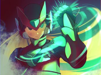 Rule 34 | 1boy, armor, black eyes, blonde hair, commentary, forehead jewel, glowing, glowing hand, helmet, highres, long hair, mega man (series), mega man zero (series), red armor, red helmet, sasaki (ssk8083), solo, symbol-only commentary, upper body, zero(z) (mega man), zero (mega man)