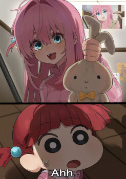 2girls absurdres blue_eyes bocchi_the_rock! breasts character_request crayon_shin-chan eyebrows_hidden_by_hair gotoh_hitori hair_between_eyes hair_bobbles hair_intakes hair_ornament highres holding holding_stuffed_toy kumsusukum long_hair looking_at_viewer multiple_girls open_mouth pink_hair pink_track_suit red_hair reference_inset screenshot_inset shadow short_hair small_breasts smile stuffed_animal stuffed_rabbit stuffed_toy sweatdrop teeth track_suit