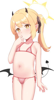 1girl absurdres bikini black_horns black_ribbon black_tail black_wings blonde_hair blue_archive blush closed_mouth collarbone cowboy_shot demon_girl demon_horns demon_tail demon_wings finger_in_own_mouth finger_to_mouth flat_chest groin hair_ribbon halo highres horns ibuki_(blue_archive) loli long_hair looking_at_viewer low_wings micro_bikini navel paiki pointy_ears ribbon side-tie_bikini_bottom side_ponytail sidelocks simple_background solo stomach striped_bikini striped_clothes swimsuit tail white_background wings yellow_eyes yellow_halo