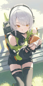 1girl anby_demara belt black_belt black_skirt black_thighhighs braid burger commentary eating food grass grey_hair hiera12 highres holding holding_burger holding_food leg_belt looking_at_viewer on_bench orange_eyes pleated_skirt short_hair single_braid sitting skirt solo thighhighs zenless_zone_zero