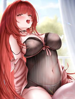 Rule 34 | 1girl, alternate costume, babydoll, black babydoll, black choker, blush, breasts, choker, commentary request, covered erect nipples, goddess of victory: nikke, highres, large breasts, lnyn (user vxdh4425), nightgown, open clothes, open mouth, open shirt, pink shirt, pink shorts, rapi (nikke), red eyes, red hair, see-through clothes, see-through nightgown, shirt, short shorts, shorts, solo