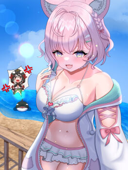 2girls anger_vein animal_ear_fluff animal_ears aqua_skirt beach bikini bikini_skirt black_bikini black_gloves blush braid breasts cleavage collarbone commentary_request frilled_bikini frills gaze_unibouzu gloves grey_hair hair_between_eyes hakui_koyori hakui_koyori_(summer) highres hololive jacket large_breasts looking_at_viewer medium_breasts multiple_girls navel official_alternate_costume open_mouth orca pink_eyes pink_hair sakamata_chloe skirt smile stomach swimsuit virtual_youtuber white_jacket wolf_ears wolf_girl