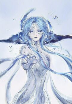 1girl bare_shoulders blue_background blue_dress blue_eyes blue_eyeshadow blue_gloves blue_hair blue_lips blue_theme born_flawless_(infinity_nikki) chinese_commentary choker circlet commentary_request cowboy_shot cracked_skin dress elbow_gloves expressionless eyeshadow feather-trimmed_dress feather_hair_ornament feathers floating_hair gloves hair_ornament highres ice infinity_nikki lipstick long_hair looking_at_viewer makeup nikki_(series) outline outstretched_hand simple_background solo strapless strapless_dress ther417 variant_set very_long_hair white_outline