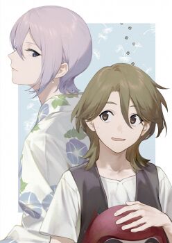 Rule 34 | 1boy, 1girl, benten-sama (uchouten kazoku), black vest, blue background, blue eyes, border, brown eyes, brown hair, closed mouth, curtained hair, dandelion seed, daruma doll, double-parted bangs, duoyuanjun, earrings, eye contact, floral print, floral print kimono, front-to-back, hair between eyes, height difference, highres, japanese clothes, jewelry, kimono, light smile, looking at another, looking back, looking to the side, medium hair, morning glory print, mullet, nervous smile, open clothes, open vest, paw print, paw print background, pearl earrings, print kimono, profile, purple hair, shimogamo yasaburou, shirt, short sleeves, smile, sweatdrop, t-shirt, uchouten kazoku, upturned eyes, vest, white border, white kimono, white shirt