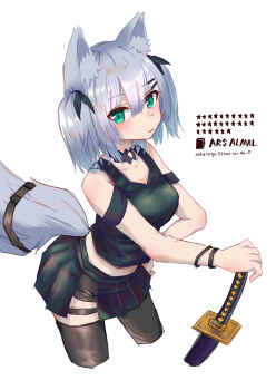 1girl :| animal_ear_fluff animal_ears ars_almal ars_almal_(2nd_costume) bare_shoulders black_ribbon black_shirt black_shorts black_skirt black_tank_top black_thighhighs blue_eyes blush bow breasts character_name closed_mouth crop_top cropped_legs fox_ears hair_between_eyes hair_bow hair_ornament hair_ribbon hairclip holding holding_weapon katana large_tail looking_at_viewer midriff nijisanji parallel_hairclips pleated_skirt ribbon sheath sheathed shirt short_hair short_shorts short_twintails shorts skirt sleeveless sleeveless_shirt solo sword tail tank_top tatami_kami thighhighs twintails two_side_up virtual_youtuber weapon white_background white_hair