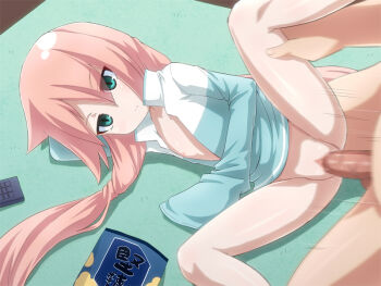 1boy 1girl aqua_eyes bag bag_of_chips bottomless censored clothed_female_nude_male controller cullet emotionless_sex flat_chest green_eyes hetero kare_to_cullet leg_lift loli long_hair long_sleeves lying mosaic_censoring motion_blur motion_lines nipples nude on_side open_clothes open_shirt penis pink_hair pokiyu pussy remote_control sex shirt sleeves_past_wrists spread_legs testicles translation_request very_long_hair