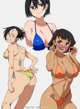 3girls adjusting_eyewear anime_coloring artist_logo ass bare_arms bare_shoulders bikini black_eyes black_hair blue_bikini blue_eyes breasts brown_eyes brown_hair closed_mouth colored_inner_hair commentary_request cropped_torso crossed_bangs dark-skinned_female dark_skin earclip grey_background grin hair_between_eyes halterneck hands_on_eyewear highleg highleg_bikini highres iwado_anna kamezaemon kasshoku_kyonyuu_megane-san_(kamezaemon) kirisaki_minato large_breasts logo looking_at_viewer looking_back looking_over_eyewear medium_breasts multi-strapped_bikini_top multicolored_hair multiple_girls navel o-ring o-ring_bikini open_clothes open_mouth orange_bikini original pink-tinted_eyewear rainbow_bikini rimless_eyewear short_hair side-tie_bikini_bottom simple_background smile stomach streaked_hair striped_bikini striped_clothes sunglasses swimsuit teeth tinted_eyewear two-tone_hair upper_teeth_only v-shaped_eyebrows white_hair