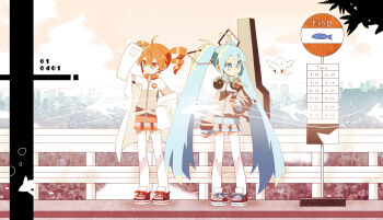 2girls absurdres ahoge alternate_costume bird blue_hair bus_stop coat commentary drill_hair eyewear_on_head fish glasses grey_jacket guitar_case hand_up hatsune_miku headphones headphones_around_neck highres instrument_case jacket kasane_teto long_hair mido_(gomachaxx) miniskirt multiple_girls open_clothes open_coat orange_eyes orange_hair outdoors railing shoes skirt sneakers standing symbol-only_commentary thighhighs twin_drills twintails utau very_long_hair vocaloid white_coat white_thighhighs