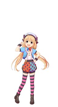 Rule 34 | 1girl, blonde hair, boots, bow, bowtie, full body, futaba anzu, hat, idol clothes, idolmaster, idolmaster cinderella girls, idolmaster cinderella girls starlight stage, jacket, low twintails, official art, open mouth, puffy sleeves, red eyes, shorts, solo, striped clothes, striped thighhighs, thighhighs, transparent background, twintails, v, wrist cuffs