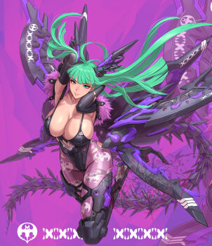 1girl animal_print bat_print black_gloves black_leotard breasts cleavage collarbone commentary_request darkstalkers elbow_gloves fujii_eishun gloves green_eyes green_hair head_wings highleg highleg_leotard highres large_breasts leotard looking_at_viewer low_wings mechanical_wings morrigan_aensland multiple_wings pantyhose print_pantyhose purple_background purple_pantyhose smile solo wings zipper