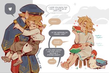 2boys artist_name bandaid barefoot beard beret bird blonde_hair chicken child closed_eyes commentary earrings english_commentary english_text facial_hair food food_in_mouth food_on_face fruit full_body happy hat heart holding holding_food holding_fruit holding_watermelon jewelry link military_uniform multiple_boys nintendo pointy_ears pyonteo royal_guard_set_(zelda) sidelocks simple_background sitting sitting_on_object sleeping speech_bubble the_legend_of_zelda the_legend_of_zelda:_breath_of_the_wild the_legend_of_zelda:_tears_of_the_kingdom tunic upper_body watermelon white_background zzz