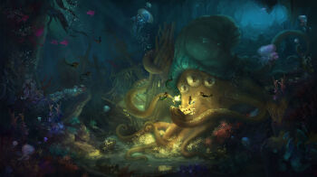 6+girls ain_choiwet air_bubble bubble coral creature dark extra_eyes fish glowing highres jellyfish mast mermaid monster_girl multiple_girls ocean original scenery seashell shadow shell shipwreck tentacles treasure_chest underwater