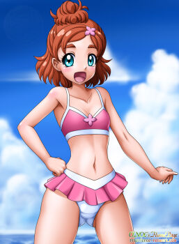 1girl bad_id bad_pixiv_id bikini blue_eyes brown_hair female_focus go!_princess_precure gradient_background haruno_haruka onoe open_mouth precure short_hair solo standing swimsuit
