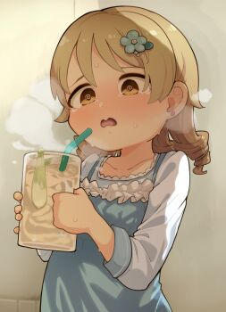 1girl 3: @_@ blonde_hair blue_dress blush condom cum cum_in_container cum_in_cup dress drill_hair drinking_straw earrings female_focus gokkun hair_ornament hairclip highres holding idolmaster idolmaster_cinderella_girls jewelry loli long_sleeves morikubo_nono open_mouth shirt solo steam stray_pubic_hair stud_earrings sweat takato_kurosuke tearing_up tears upper_body used_condom white_shirt