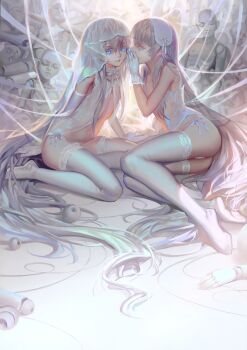 2girls absurdly_long_hair absurdres albino alphonse_(white_datura) apple bare_shoulders blue_eyes blunt_bangs colored_eyelashes doll_joints elbow_gloves female_focus flat_chest food fruit full_body gloves hair_between_eyes highres joints lace lace-trimmed_legwear lace_trim loli long_hair lying mannequin multiple_girls original panties revealing_clothes scan side-tie_panties silver_hair sitting string_panties thighhighs underwear veil very_long_hair whispering white_gloves white_legwear white_panties white_theme yokozuwari yuri