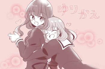 Rule 34 | 2girls, :d, ^ ^, assault lily, blunt bangs, blush, brown background, character name, closed eyes, commentary request, cropped jacket, head on another's back, heart, high-waist skirt, hitotsuyanagi yuri, hug, hug from behind, juliet sleeves, kaede johan nouvel, leaning forward, long hair, long sleeves, looking at another, looking back, low twintails, monochrome, multiple girls, open mouth, puffy sleeves, school uniform, shindo, skirt, smile, standing, translated, twintails, upper body, yuri, yurigaoka girls academy school uniform