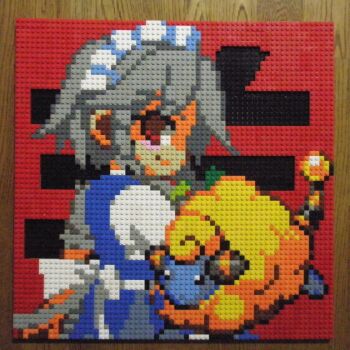 Rule 34 | 1girl, black eyes, blue dress, bow, braid, closed mouth, dress, gen 2 pokemon, green bow, grey hair, hair bow, highres, izayoi sakuya, lego, lego (medium), looking at viewer, looking back, maid, maid headdress, mareep, nintendo, petticoat, photo (medium), pixel art, pokemon, pokemon (creature), red background, red eyes, short sleeves, side braids, smile, text background, touhou, unconventional media, you rei (blowback)