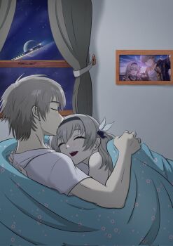 1boy 1girl black_hairband black_ribbon blush closed_eyes curtains firefly_(honkai:_star_rail) grey_hair hair_between_eyes hair_intakes hair_ornament hair_ribbon hairband highres honkai:_star_rail honkai_(series) long_hair open_mouth ribbon ronin_art77 shirt short_hair smile t-shirt teeth twitter_username under_covers upper_teeth_only white_shirt window