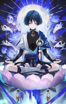 1boy anemo_symbol_(genshin_impact) aqua_gem armor black_bodysuit black_bow black_bridal_gauntlets black_sandals black_shorts blue_cape blue_kimono blue_sleeves blunt_ends bodysuit bow bridal_gauntlets bud buddhism cape closed_eyes closed_mouth commentary_request core covered_collarbone extra_arms eyelashes eyeliner facing_viewer feathers flower full_body furisode gem genshin_impact gold hakama hakama_shorts halo halo_behind_head hand_eye highres japanese_armor japanese_clothes juban kimono kote kurokote layered_sleeves leg_warmers lotus lotus_position makeup male_focus mudra neyti_(neytirv) open_clothes open_hands open_kimono plant pleated_shorts pom_pom_(clothes) purple_background purple_rope purple_sash red_eyeliner rope sandals sash scaramouche_(genshin_impact) short_sleeves shorts shoulder_peek sitting solo straight-on string tassel toenails toes turtleneck turtleneck_bodysuit twitter_username vision_(genshin_impact) wanderer_(genshin_impact) white_halo white_kimono white_leg_warmers white_sleeves white_trim wispy_bangs yellow_feathers zouri