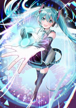 1girl absurdres aqua_eyes aqua_hair aqua_nails aqua_necktie aqua_trim bare_shoulders black_skirt black_sleeves blush breasts collarbone collared_shirt commentary_request detached_sleeves full_body grey_shirt hair_between_eyes hair_ornament hatsune_miku headphones headset highres long_hair long_sleeves maruiusausagi medium_breasts miniskirt musical_note necktie open_mouth outstretched_arms pleated_skirt shirt skirt sleeveless sleeveless_shirt sleeves_past_wrists smile solo twintails very_long_hair vocaloid