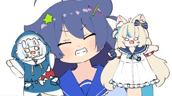 1girl :d animal_costume animal_ear_fluff animal_ears animal_hood blonde_hair blue_bow blue_hair blue_hoodie blue_sailor_collar blue_streaks blunt_bangs blush_stickers bow cat_ears clenched_teeth closed_eyes commentary drawstring ear_bow english_commentary fish_girl gawr_gura gawr_gura_(1st_costume) grey_hair grin hair_ornament hand_puppet hands_up highres hololive hololive_english hood hoodie indie_virtual_youtuber lifebuoy_anklet lifebuoy_hair_ornament long_hair low_twintails multicolored_hair o_o one_side_up open_mouth puppet sailor_collar sameko_saba senzawa shark_costume shark_girl shark_hood sharp_teeth simple_background smile solo streaked_hair teeth twintails very_long_hair virtual_quokka virtual_youtuber voice_actor_connection white_background wide_sleeves x_hair_ornament