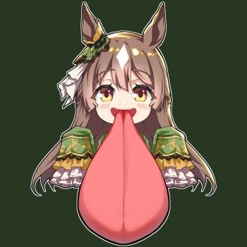 1girl :d animal_ears blush brown_eyes brown_hair chibi commentary cropped_torso freaky_satono_diamond_(meme) frilled_sleeves frills gabu_gabugabuga green_background green_jacket highres horse_ears jacket long_hair long_sleeves long_tongue looking_at_viewer meme open_mouth satono_diamond_(natural_brilliance)_(umamusume) satono_diamond_(umamusume) sleeves_past_fingers sleeves_past_wrists smile solo tongue tongue_out umamusume upper_body very_long_hair very_long_tongue
