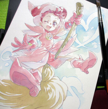 1girl agahari art_brush art_tools_in_frame bead_bracelet beads boots bracelet broom broom_riding commentary_request double_bun dress eighth_note full_body gloves hair_bun harukaze_doremi hat heart high_heel_boots high_heels highres jewelry looking_at_viewer magical_girl musical_note ojamajo_doremi one_eye_closed open_mouth paintbrush painting_(medium) photo_(medium) pink_boots pink_dress pink_gloves pink_hat pointy_boots purple_eyes red_hair short_hair smile solo traditional_media witch_hat