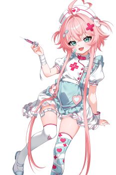 1girl 4kimizuki absurdly_long_sidelocks absurdres ahoge apron asymmetrical_legwear bandaged_wrist bandages bandaid bandaid_hair_ornament bandaid_on_cheek bandaid_on_face bandaid_print breasts commission crossed_bangs dress fang feet_out_of_frame flipped_bangs frilled_apron frilled_dress frilled_straps frills green_apron green_eyes hair_flaps hair_intakes hair_ornament half-closed_eyes hand_rest hand_up hat heart heart_ahoge heart_o-ring high-waist_dress highres holding holding_syringe indie_virtual_youtuber invisible_chair light_blush light_smile looking_at_viewer mary_janes nurse nurse_cap o-ring o-ring_thigh_strap open_mouth petite pink_hair pink_trim pouch print_thighhighs puffy_short_sleeves puffy_sleeves raised_eyebrows second-party_source shoes short_dress short_hair_with_long_locks short_sleeves simple_background single_wrist_cuff sitting skeb_commission skin_fang small_breasts solo standing standing_on_one_leg syringe tachi-e thigh_pouch thigh_strap thighhighs transparent_background two_side_up waist_apron white_dress white_hat white_shoes white_thighhighs wrist_cuffs x_hair_ornament yami_kawaii yume_kuzukawa