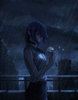 1girl absurdres black_choker black_ribbon building chainsaw_man choker city flower grey_shirt highres holding holding_flower neck_ribbon night outdoors purple_hair reze_(chainsaw_man) ribbon sakku_art shirt sleeveless sleeveless_shirt solo wet wet_hair white_flower