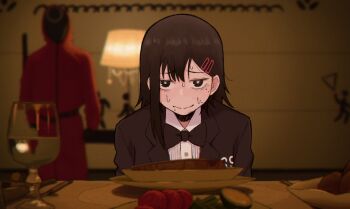 1boy 1girl alternate_costume alternate_hairstyle black_eyes black_hair black_mask bow bowtie bright_pupils chainsaw_man cup dining_room drinking_glass food formal_clothes hair_ornament hairclip higashiyama_kobeni highres indoors lamp looking_at_viewer medium_hair mole mole_on_cheek mole_under_eye nekonbini nervous nervous_smile numbered pants parody pink_pants plate sitting smile solo_focus squid_game steak suit sweat tuxedo upper_body white_pupils wine_glass