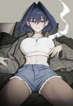 1girl absurdres blue_eyes blue_hair cigarette cowboy_shot cropped_sweater denim denim_shorts fur-trimmed_shorts fur_trim hair_between_eyes hair_intakes hashtag-only_commentary highres holding holding_cigarette hololive hololive_english hunk_404 jewelry light_blush looking_at_viewer midriff navel necklace open_clothes ouro_kronii pantyhose pillow plaid_clothes short_hair shorts sitting smoke smoke_trail smoking solo stomach sweater thighs toned toned_female white_sweater