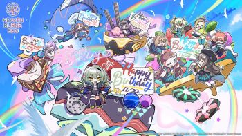 Rule 34 | &gt; &lt;, 6+girls, ahoge, anniversary, balloon, beret, bird, birthday, black jacket, blonde hair, blue jacket, blue skirt, blue sky, boots, bow, braid, brown hair, cake, candy, chibi, chocolate, closed eyes, cloud, coat, copyright name, copyright notice, english text, flying, food, fruit, full body, glasses, gloves, green eyes, green hair, grey hair, hair ornament, hairband, happy birthday, hat, heaven burns red, higuchi seika, holding, holding sign, ice cream, jacket, key (company), kunimi tama, kurosawa maki, kurozawa maki, long hair, long sleeves, mizuhara aina, multicolored hair, multiple girls, musical note, necktie, official art, ooshima ichiko, ooshima isuzu, ooshima minori, ooshima muua, ooshima niina, ooshima yotsuha, open mouth, orange hair, oversized food, oversized object, parfait, pleated skirt, purple hair, rainbow, red hair, shirt, short hair, sign, skateboard, skirt, sky, smile, star (symbol), strawberry, streaked hair, thighhighs, twintails, yellow eyes, yostar