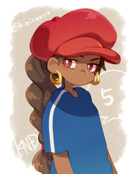 1girl animification blue_shirt bright_pupils closed_mouth codename:_kids_next_door dark-skinned_female dark_skin earrings hoop_earrings jewelry kiri_futoshi long_hair looking_at_viewer numbuh_5 shirt short_sleeves solo speech_bubble spoken_number twitter_username upper_body white_pupils