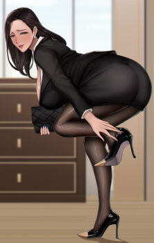 1girl absurdres adjusting_clothes adjusting_shoe alternate_breast_size_(larger) ass bag black_hair black_jacket black_pantyhose black_shoes black_skirt black_sleeves blazer blurry blurry_background blush breasts brown_eyes closed_mouth drawer earrings forehead full_body high_heels highres holding holding_bag huge_breasts indoors jacket jewelry legs long_hair long_sleeves manna_(pixiv8805037) mature_female mole mole_under_mouth office_lady original pantyhose patent_heels pearl_earrings pumps purple_nails red_lips shadow shiny_pantyhose shoes sideboob skirt solo standing standing_on_one_leg stiletto_heels wooden_floor