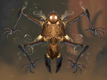 abstract_background absurdres armor arthropod black_armor black_background blank_eyes brown_armor crown demgozellegs fog fourth_chorus_(hollow_knight) glowing glowing_eyes gradient_background grey_crown highres hollow_knight hollow_knight:_silksong light_particles looking_at_viewer mecha no_humans no_mouth red_background robot smoke yellow_background