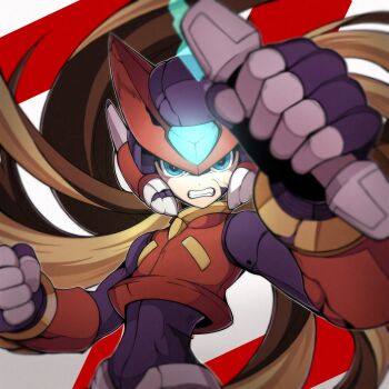 1boy armor battle_damage blonde_hair clenched_hands clenched_teeth cowboy_shot energy_sword floating_hair forehead_jewel helmet highres holding holding_sword holding_weapon long_hair male_focus mega_man_(series) mega_man_zero_(series) red_armor red_background red_helmet shoyu-z solo sword teeth weapon white_background z_saber zero(z)_(mega_man) zero_(mega_man)