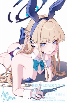 1girl animal_ear_hairband animal_ears ass bare_shoulders blonde_hair blue_archive blue_bow blue_bowtie blue_eyes blue_hairband blue_halo blue_leotard bow bowtie closed_mouth collar commentary_request detached_collar fake_animal_ears hairband halo head_rest highres l4st_resort leotard long_hair looking_at_viewer lying official_alternate_costume on_stomach playboy_bunny rabbit_ears shadow smile solo strapless strapless_leotard toki_(blue_archive) toki_(bunny)_(blue_archive) v very_long_hair watermark white_background white_collar white_wrist_cuffs wrist_cuffs